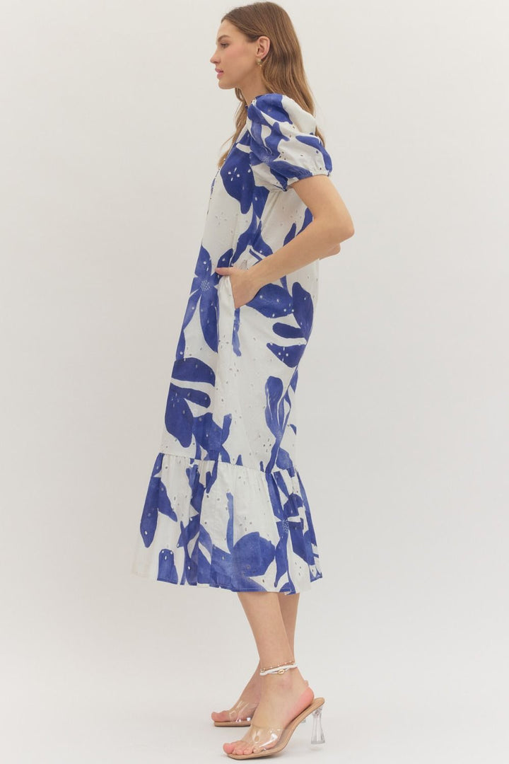 Botanical Eyelet Puff Sleeve Midi Dress - Lush Lemon - Women's Clothing - Entro - 28300791636093