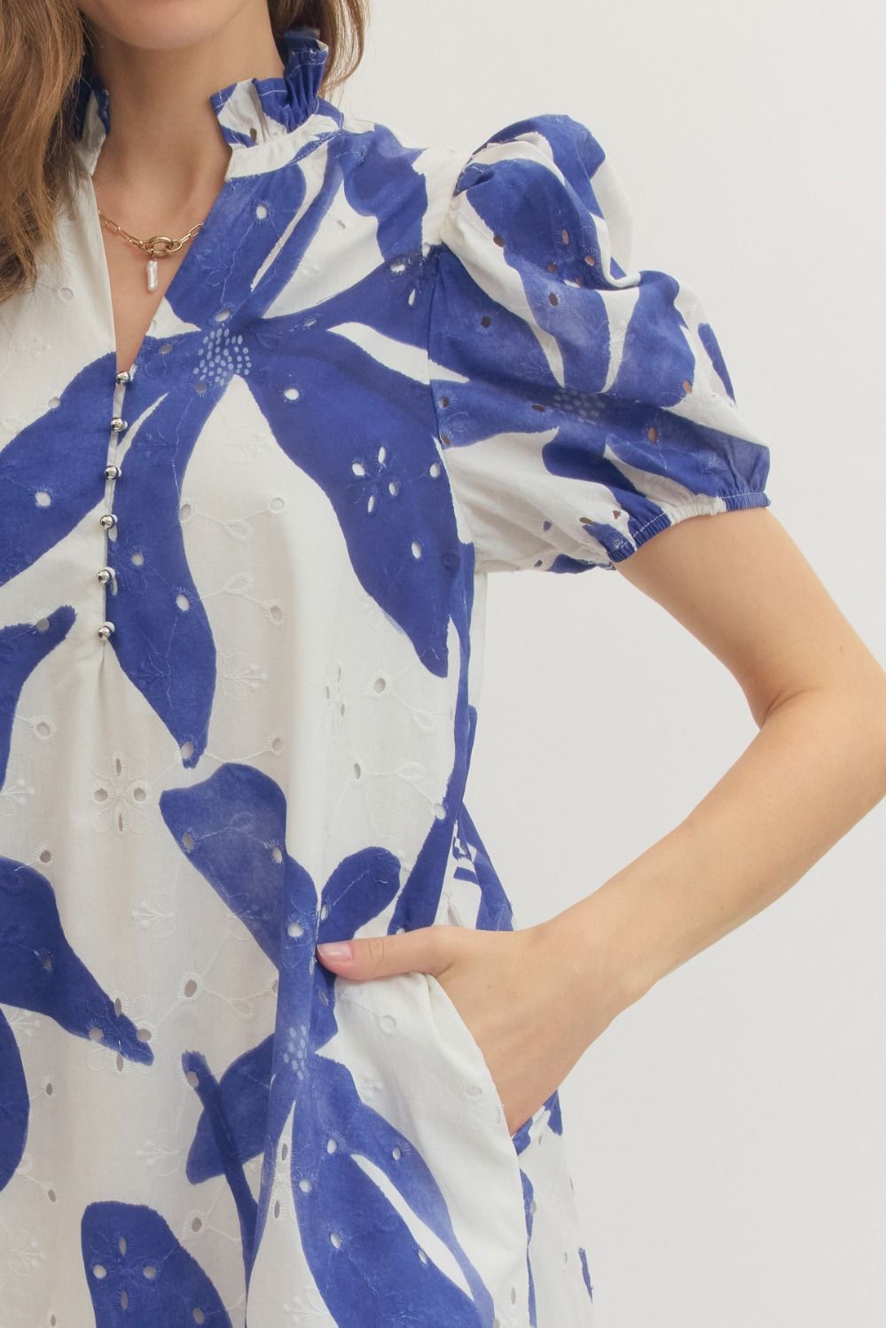 Botanical Eyelet Puff Sleeve Midi Dress - Lush Lemon - Women's Clothing - Entro - 28300791636093