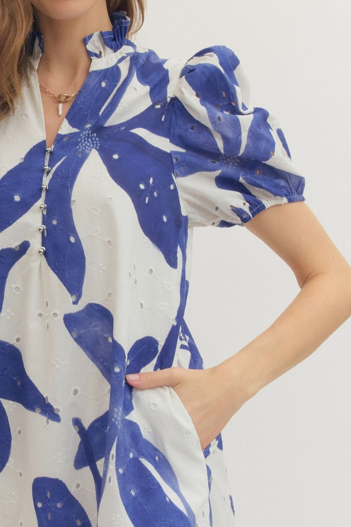 Botanical Eyelet Puff Sleeve Midi Dress - Lush Lemon - Women's Clothing - Entro - 28300791636093
