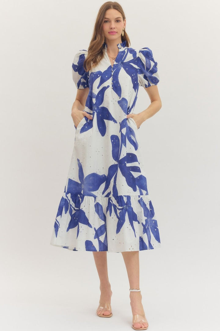 Botanical Eyelet Puff Sleeve Midi Dress - Lush Lemon - Women's Clothing - Entro - 28300791636093