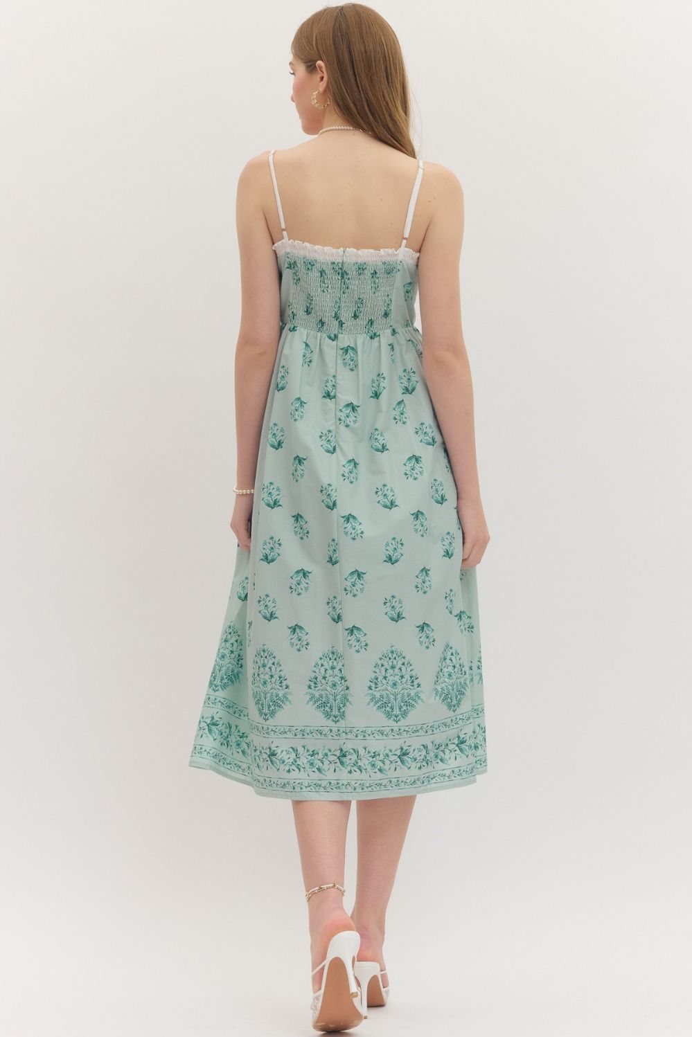 Botanical Lace Trim Midi Dress W/ Smocked Back - Lush Lemon - Women's Clothing - Entro - 53161591018013