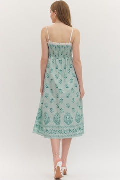 Botanical Lace Trim Midi Dress W/ Smocked Back - Lush Lemon - Women&