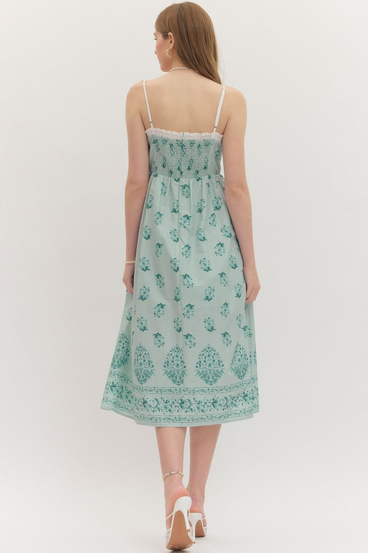 Botanical Lace Trim Midi Dress W/ Smocked Back - Lush Lemon - Women's Clothing - Entro - 53161591018013