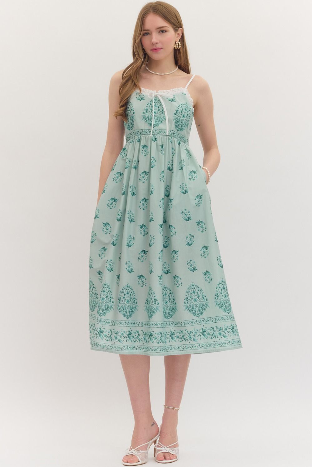 Botanical Lace Trim Midi Dress W/ Smocked Back - Lush Lemon - Women's Clothing - Entro - 53161591018013