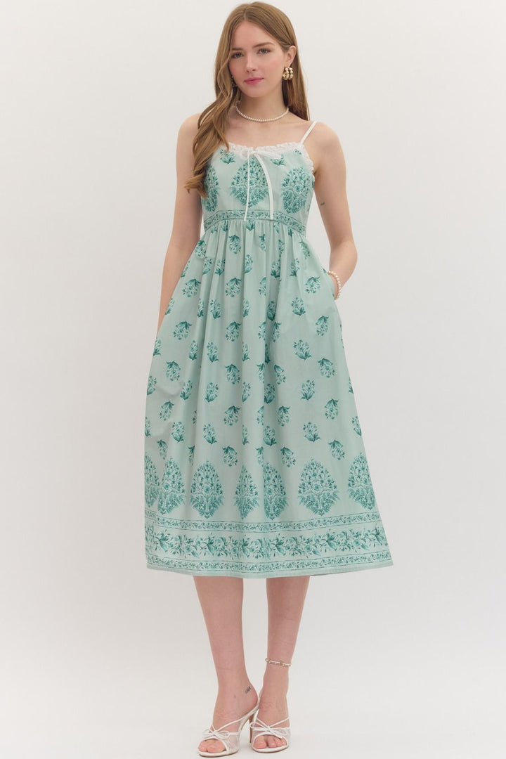 Botanical Lace Trim Midi Dress W/ Smocked Back - Lush Lemon - Women's Clothing - Entro - 53161591018013