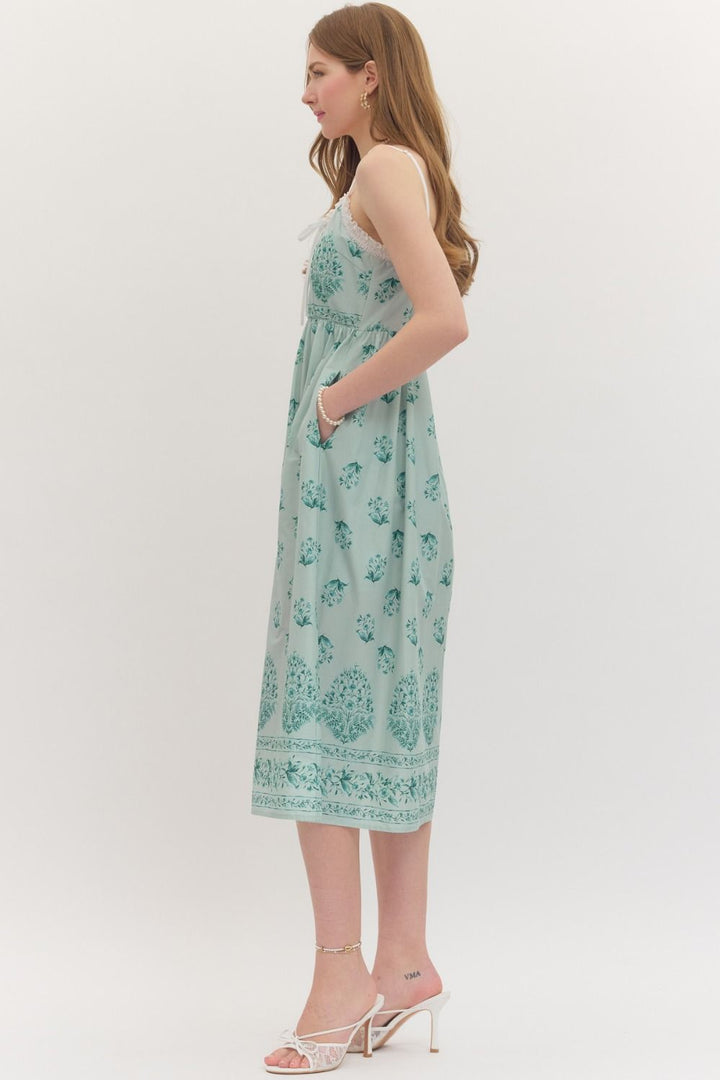 Botanical Lace Trim Midi Dress W/ Smocked Back - Lush Lemon - Women's Clothing - Entro - 53161591018013