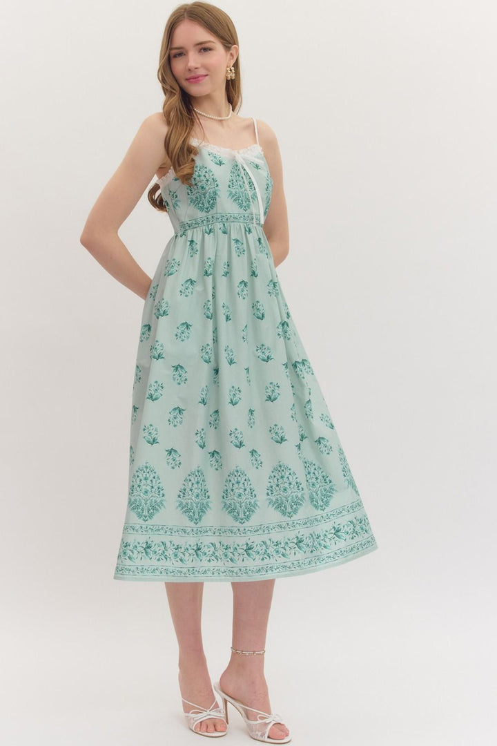 Botanical Lace Trim Midi Dress W/ Smocked Back - Lush Lemon - Women's Clothing - Entro - 53161591018013