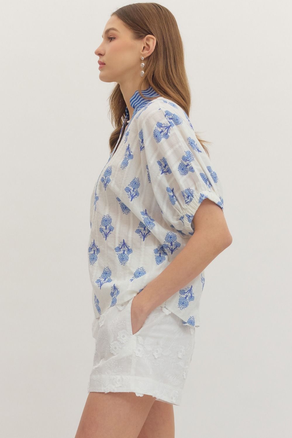 Botanical Print Contrast Stripe Dolman Top - Lush Lemon - Women's Clothing - Entro - 60718471036125