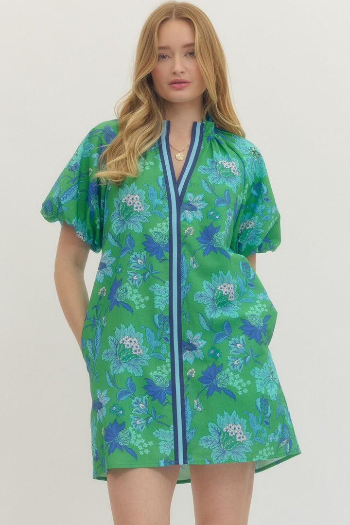 Botanical Print Puff Sleeve Mini Dress - Lush Lemon - Women's Clothing - Entro - 63347601033277