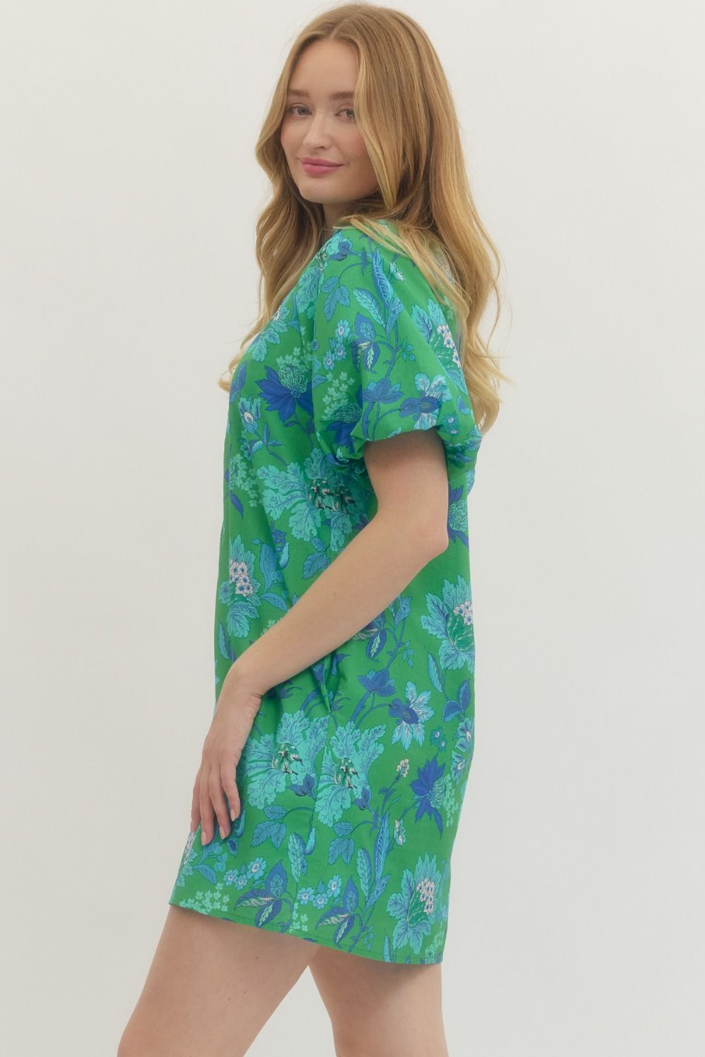 Botanical Print Puff Sleeve Mini Dress - Lush Lemon - Women's Clothing - Entro - 63347601033277