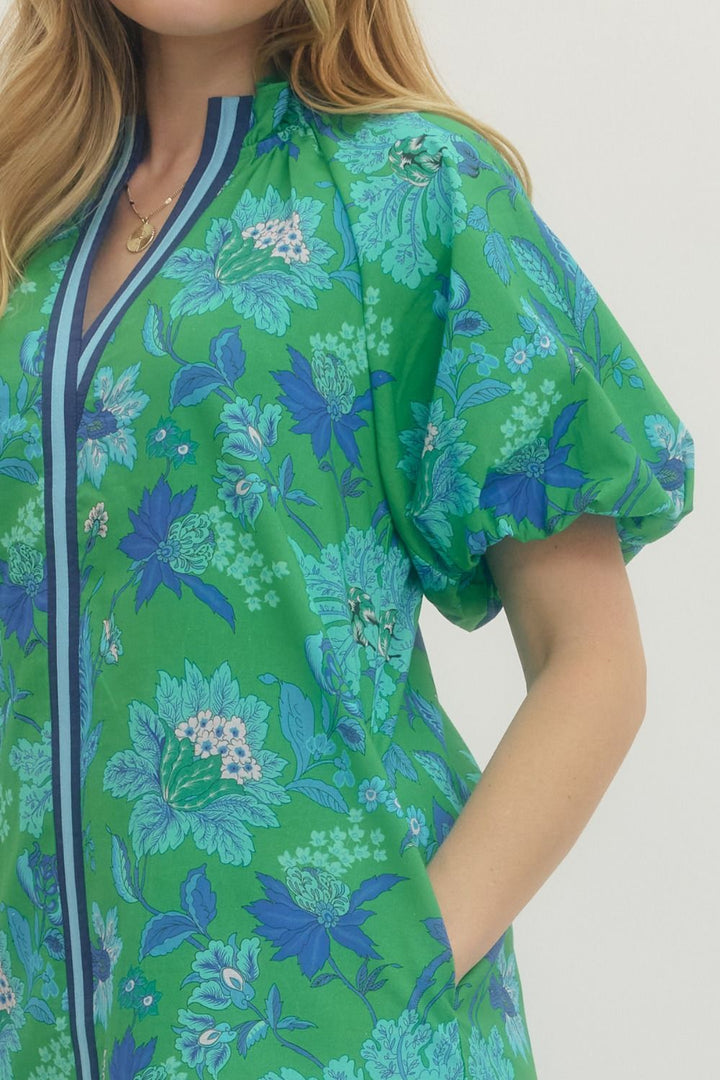 Botanical Print Puff Sleeve Mini Dress - Lush Lemon - Women's Clothing - Entro - 63347601033277