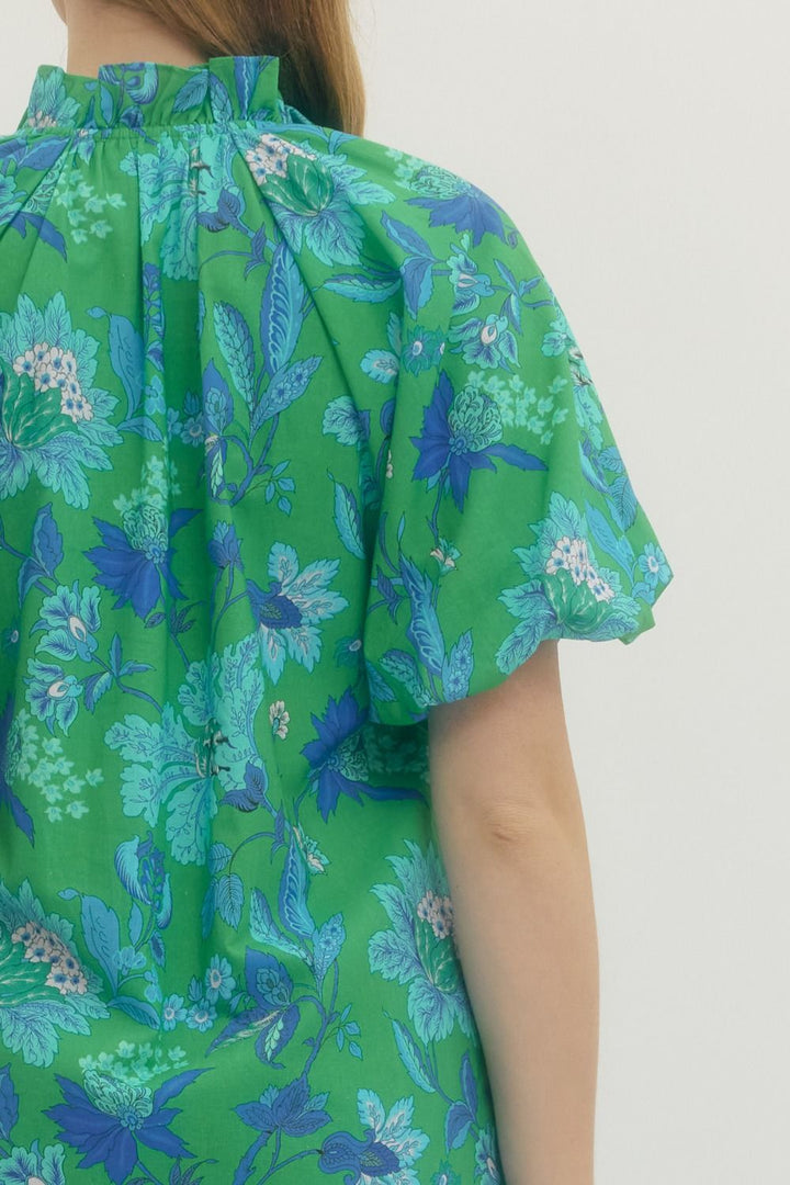 Botanical Print Puff Sleeve Mini Dress - Lush Lemon - Women's Clothing - Entro - 63347601033277