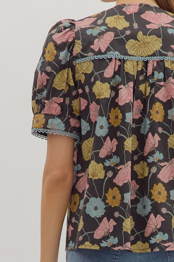 Botanical Print Puff Sleeve Top - Lush Lemon - Women's Clothing - Entro - 75398271010717