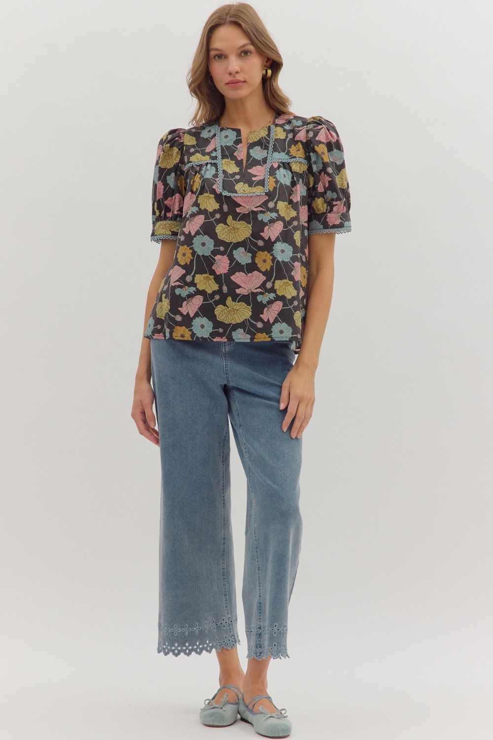 Botanical Print Puff Sleeve Top - Lush Lemon - Women's Clothing - Entro - 75398271010717