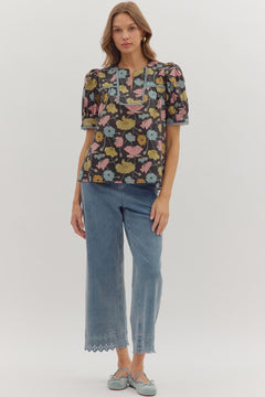 Botanical Print Puff Sleeve Top - Lush Lemon - Women&