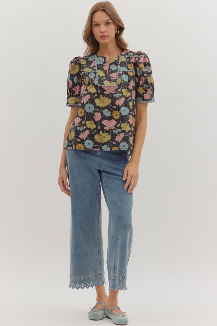 Botanical Print Puff Sleeve Top - Lush Lemon - Women's Clothing - Entro - 75398271010717