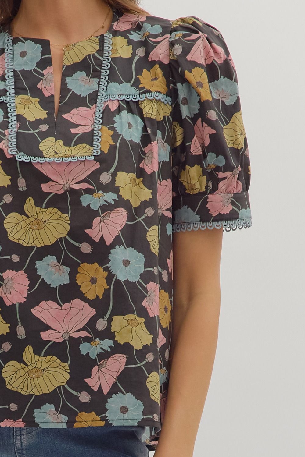Botanical Print Puff Sleeve Top - Lush Lemon - Women's Clothing - Entro - 75398271010717
