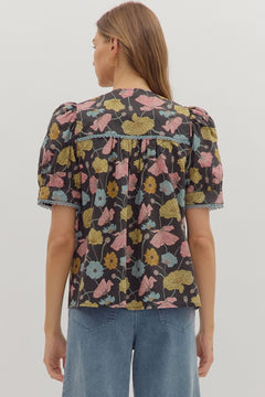 Botanical Print Puff Sleeve Top - Lush Lemon - Women&