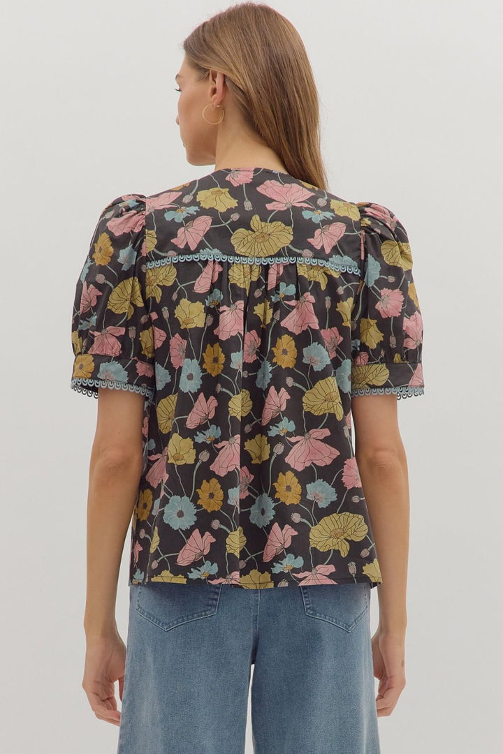 Botanical Print Puff Sleeve Top - Lush Lemon - Women's Clothing - Entro - 75398271010717