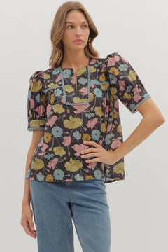 Botanical Print Puff Sleeve Top - Lush Lemon - Women&