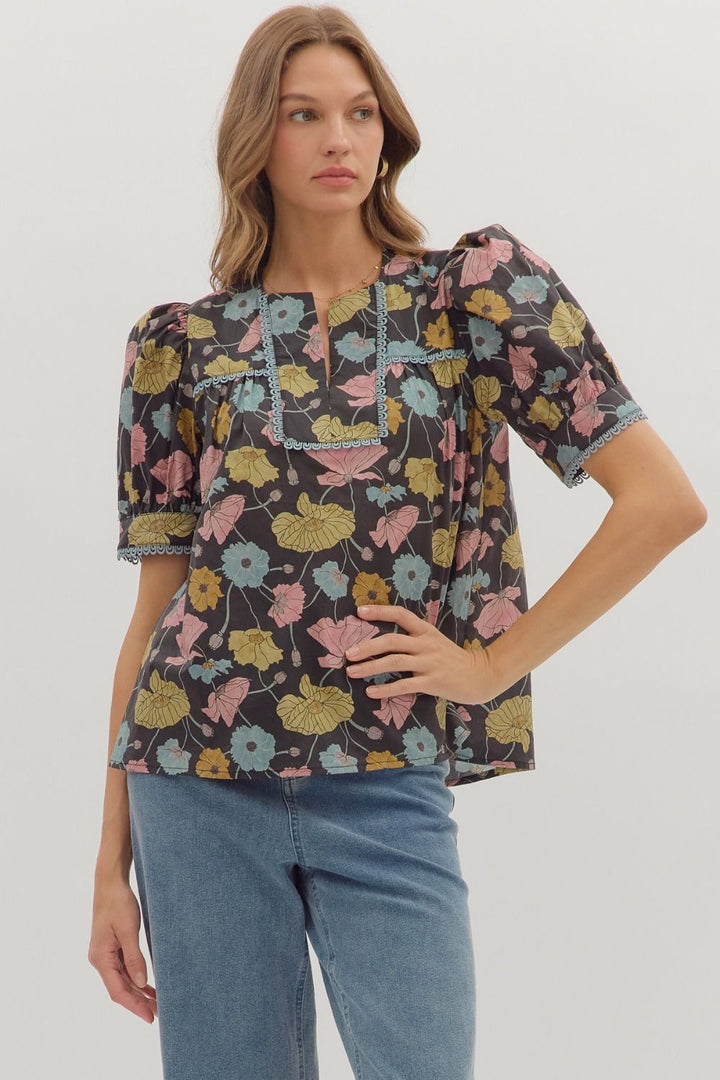 Botanical Print Puff Sleeve Top - Lush Lemon - Women's Clothing - Entro - 75398271010717
