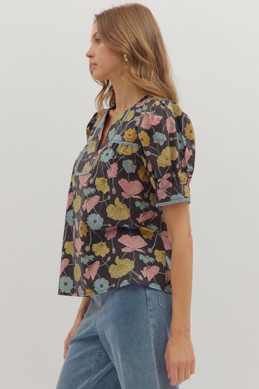 Botanical Print Puff Sleeve Top - Lush Lemon - Women's Clothing - Entro - 75398271010717