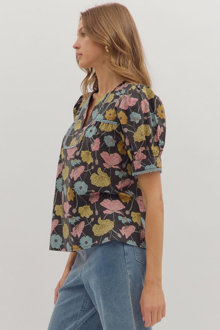 Botanical Print Puff Sleeve Top - Lush Lemon - Women's Clothing - Entro - 75398271010717