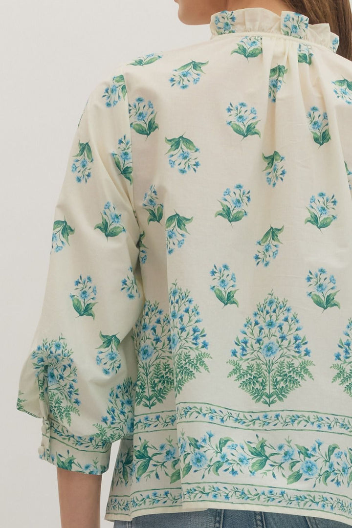 Botanical Print Ruffle Neck Balloon Sleeve Top - Lush Lemon - Women's Clothing - Entro - 44878781026269
