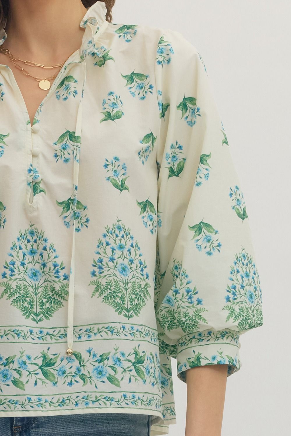 Botanical Print Ruffle Neck Balloon Sleeve Top - Lush Lemon - Women's Clothing - Entro - 44878781026269