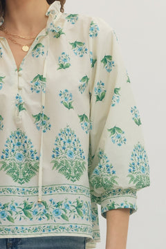 Botanical Print Ruffle Neck Balloon Sleeve Top - Lush Lemon - Women&