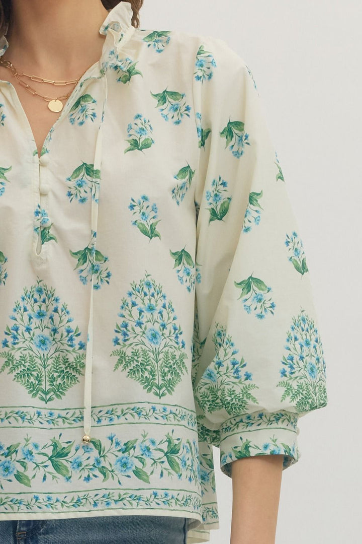 Botanical Print Ruffle Neck Balloon Sleeve Top - Lush Lemon - Women's Clothing - Entro - 44878781026269