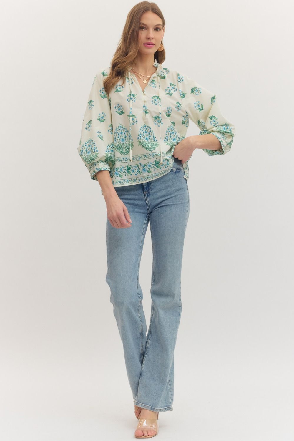 Botanical Print Ruffle Neck Balloon Sleeve Top - Lush Lemon - Women's Clothing - Entro - 44878781026269