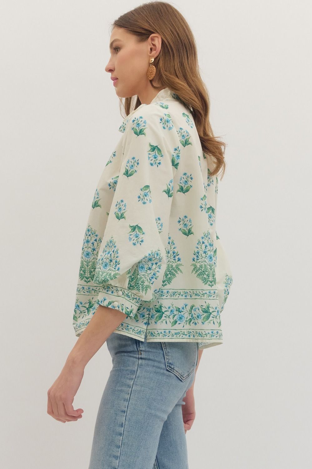 Botanical Print Ruffle Neck Balloon Sleeve Top - Lush Lemon - Women's Clothing - Entro - 44878781026269