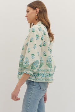 Botanical Print Ruffle Neck Balloon Sleeve Top - Lush Lemon - Women&
