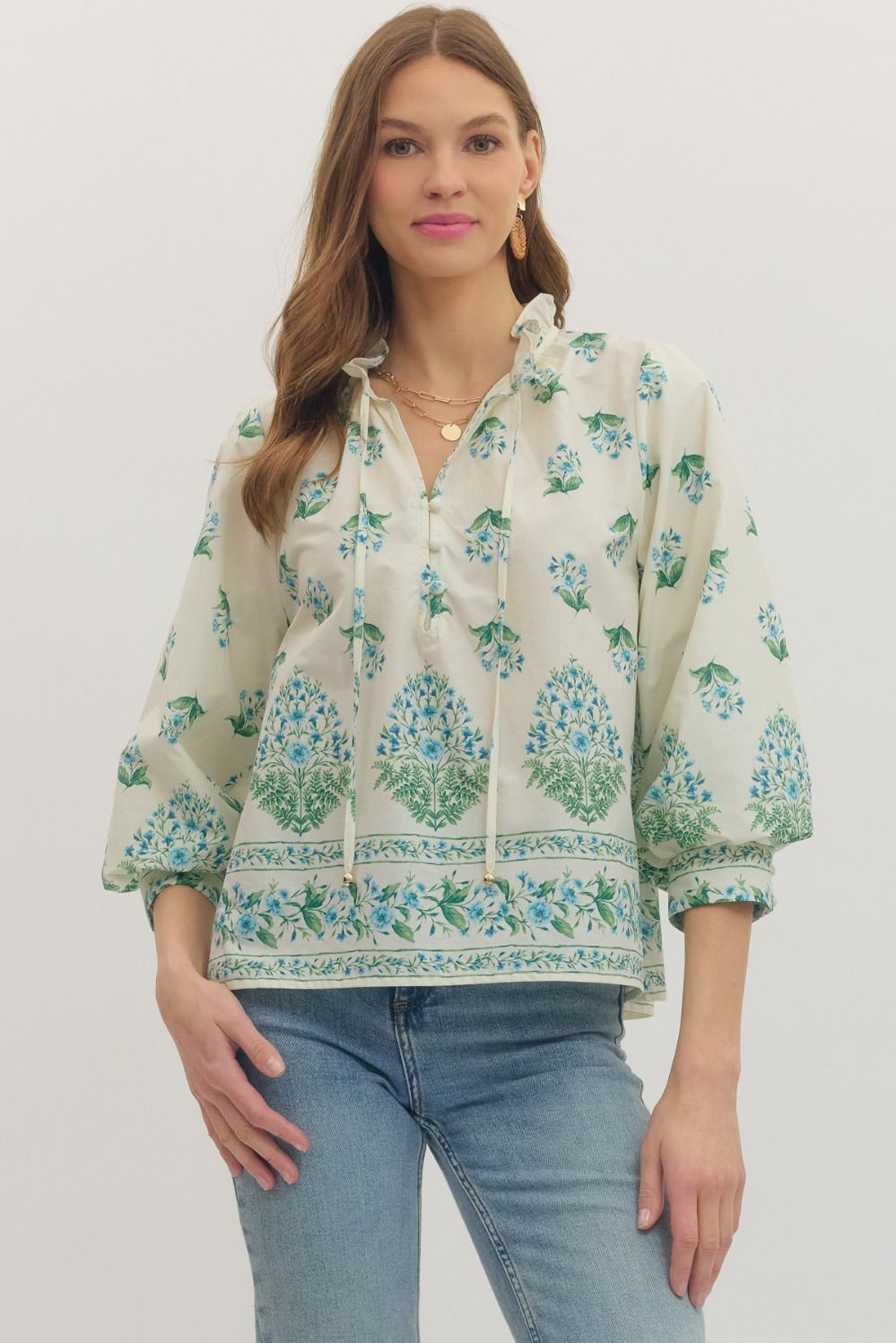 Botanical Print Ruffle Neck Balloon Sleeve Top - Lush Lemon - Women's Clothing - Entro - 44878781026269