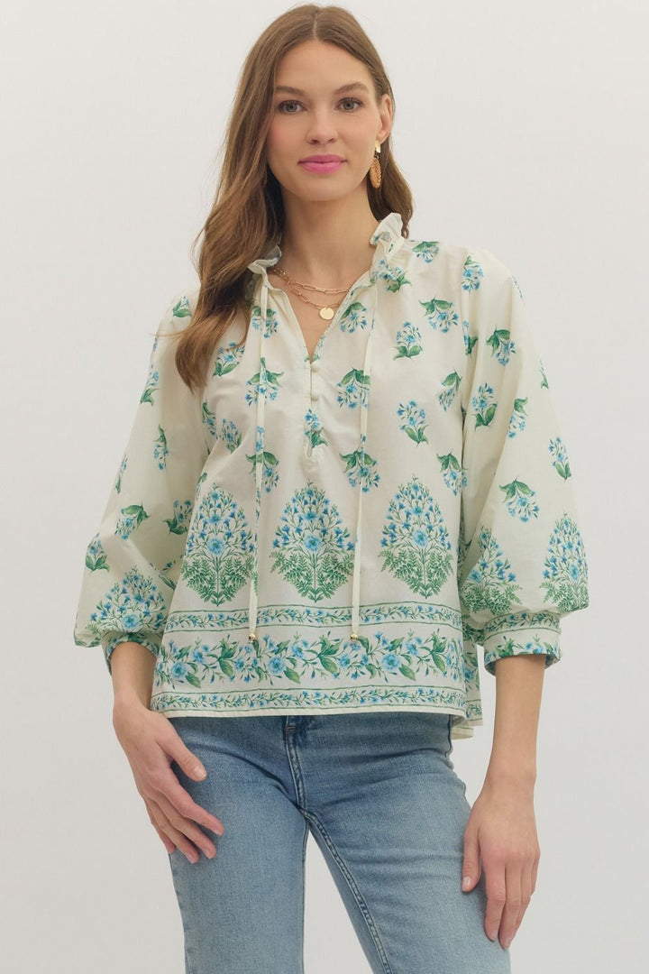 Botanical Print Ruffle Neck Balloon Sleeve Top - Lush Lemon - Women's Clothing - Entro - 44878781026269