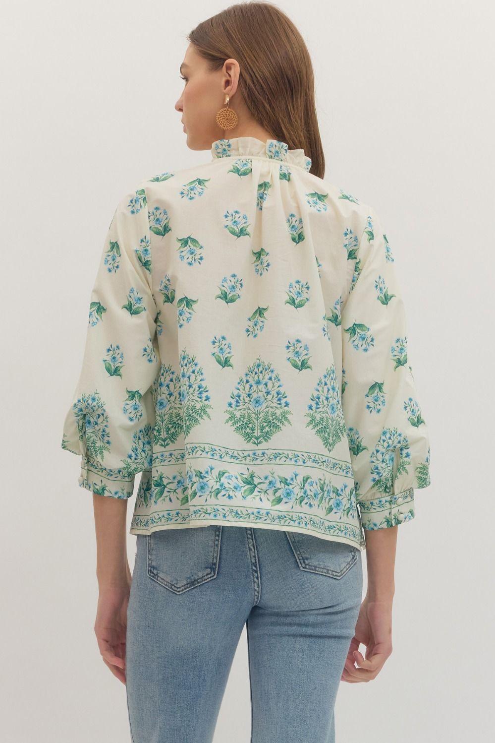 Botanical Print Ruffle Neck Balloon Sleeve Top - Lush Lemon - Women's Clothing - Entro - 44878781026269