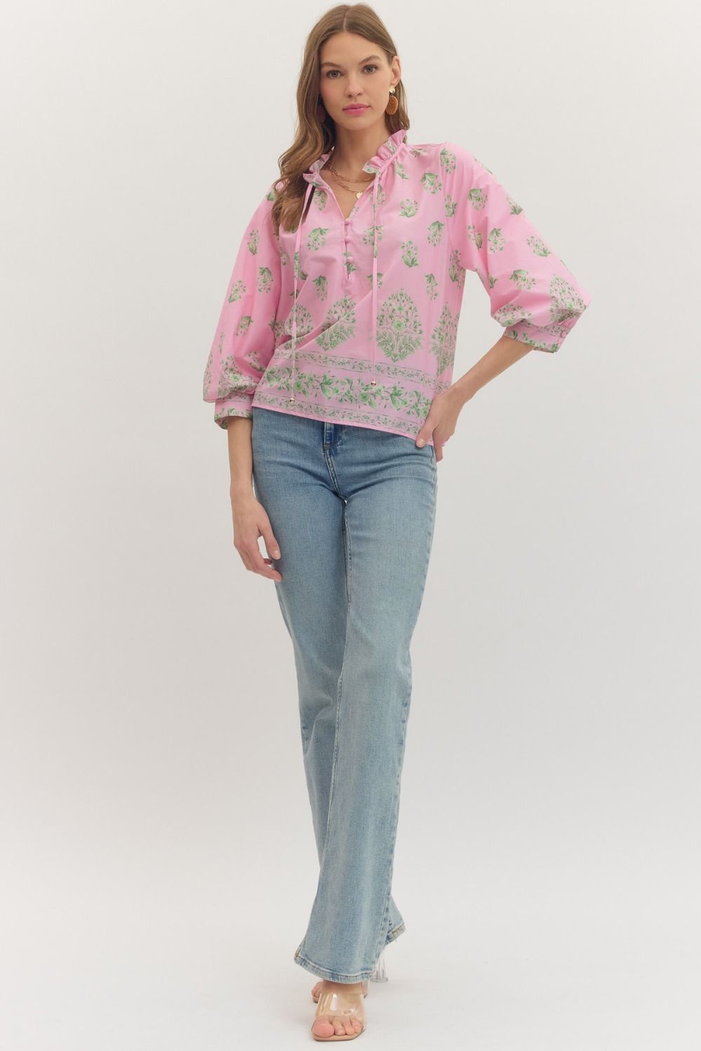 Botanical Print Ruffle Neck Balloon Sleeve Top - Lush Lemon - Women's Clothing - Entro - 93577351352093