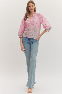 Botanical Print Ruffle Neck Balloon Sleeve Top - Lush Lemon - Women&