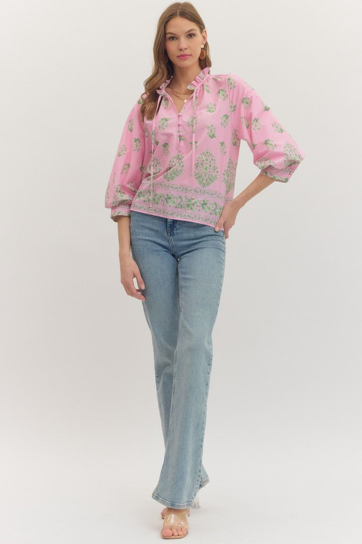 Botanical Print Ruffle Neck Balloon Sleeve Top - Lush Lemon - Women's Clothing - Entro - 93577351352093