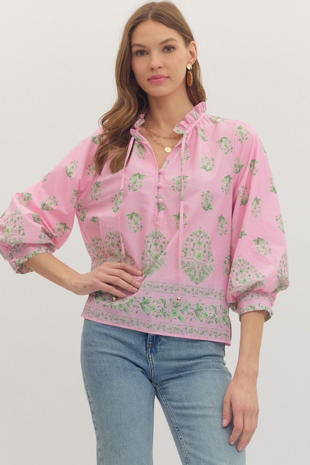 Botanical Print Ruffle Neck Balloon Sleeve Top - Lush Lemon - Women's Clothing - Entro - 93577351352093