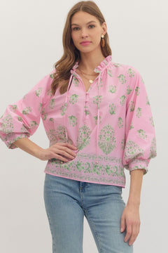 Botanical Print Ruffle Neck Balloon Sleeve Top - Lush Lemon - Women&