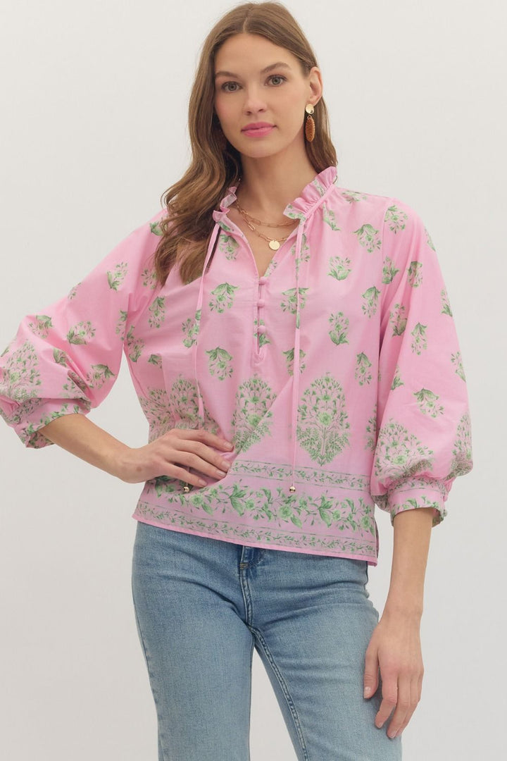 Botanical Print Ruffle Neck Balloon Sleeve Top - Lush Lemon - Women's Clothing - Entro - 93577351352093