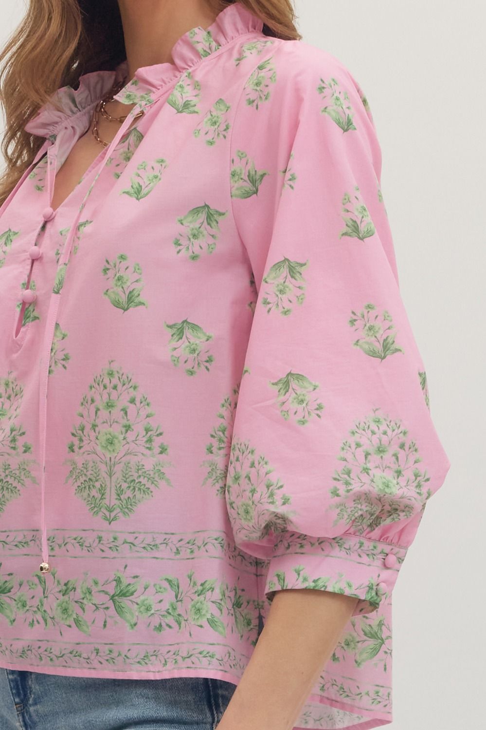 Botanical Print Ruffle Neck Balloon Sleeve Top - Lush Lemon - Women's Clothing - Entro - 93577351352093