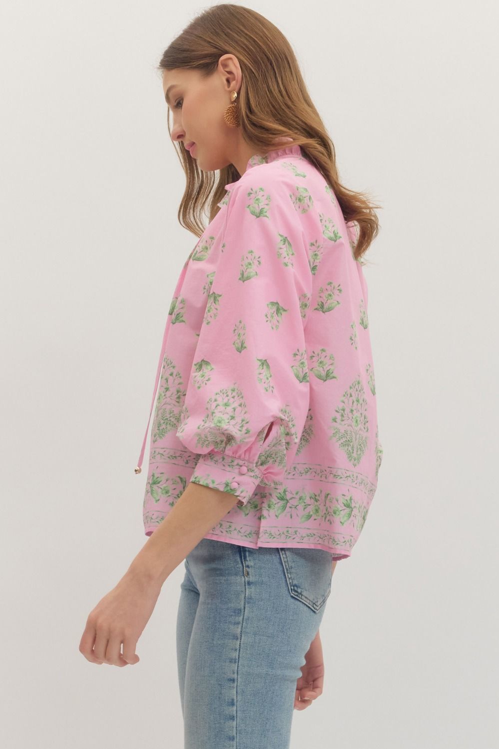 Botanical Print Ruffle Neck Balloon Sleeve Top - Lush Lemon - Women's Clothing - Entro - 93577351352093