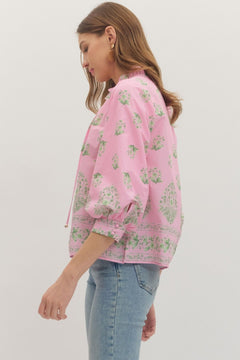 Botanical Print Ruffle Neck Balloon Sleeve Top - Lush Lemon - Women&