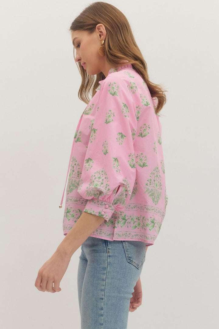 Botanical Print Ruffle Neck Balloon Sleeve Top - Lush Lemon - Women's Clothing - Entro - 93577351352093