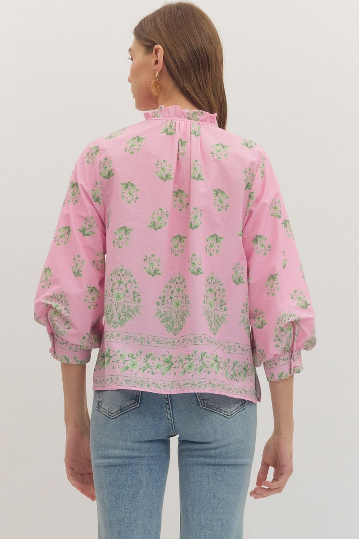 Botanical Print Ruffle Neck Balloon Sleeve Top - Lush Lemon - Women's Clothing - Entro - 93577351352093