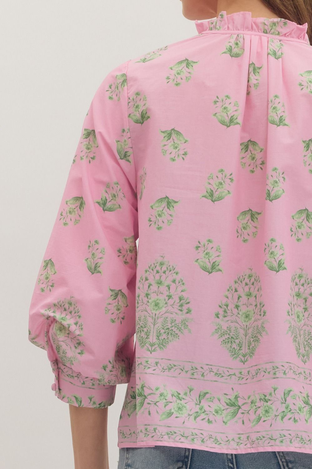 Botanical Print Ruffle Neck Balloon Sleeve Top - Lush Lemon - Women's Clothing - Entro - 93577351352093