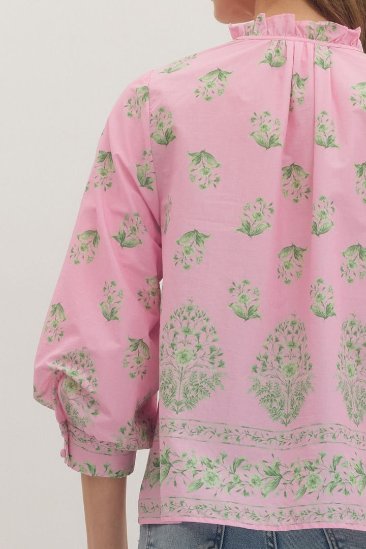 Botanical Print Ruffle Neck Balloon Sleeve Top - Lush Lemon - Women's Clothing - Entro - 93577351352093